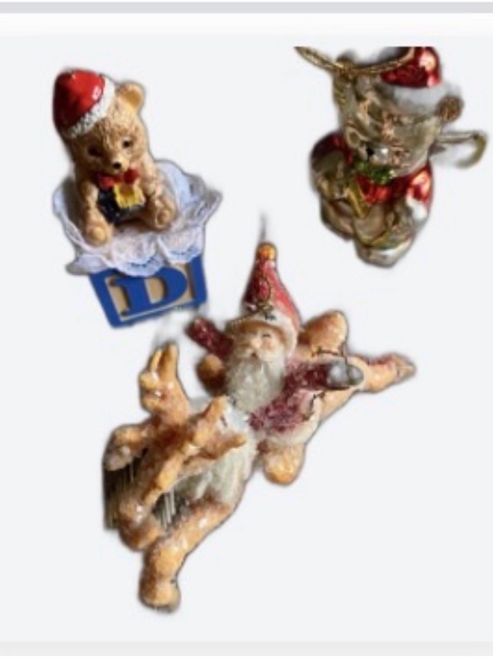 Vtg Christmas Ornament Lot 3 Blown Glass Angel Bear Block Santa Reindeer Kitschy